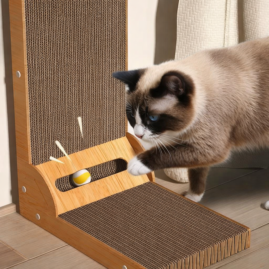 Cat Scratcher Board with Wooden Frame and Ball Track