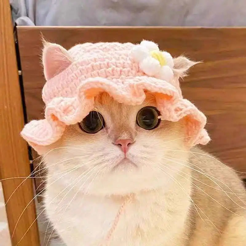 Flower Crochet Pet Hat – Knitted Cat & Puppy Costume