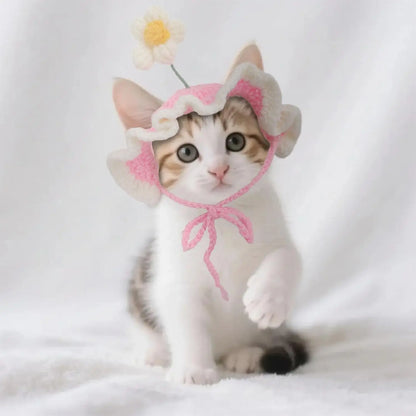 Flower Crochet Pet Hat – Knitted Cat & Puppy Costume